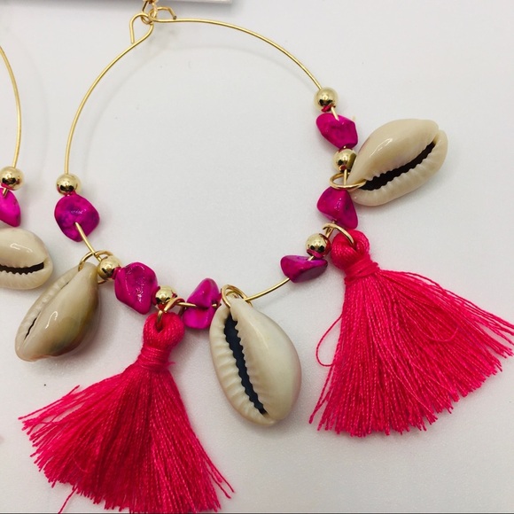 EARRINGS BOHO TASSELS DEEP PINK, purple stones! - Picture 5 of 9